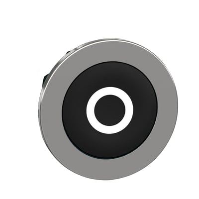 Schneider Electric Harmony XB4 trykknap i metal med sort, plan trykflade med hvidt "O" mærke, på hvid baggrund.