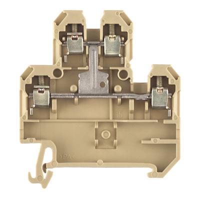 Weidmüller DK Q/35 dobbeltklemme i beige med synlige metalskrueterminaler, set lige forfra.