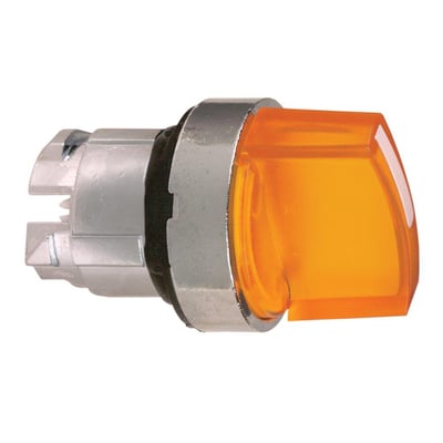 Sidevisning af Schneider Electric drejegreb med metalring og klar orange linse, der viser en 22mm monteringsdiameter.