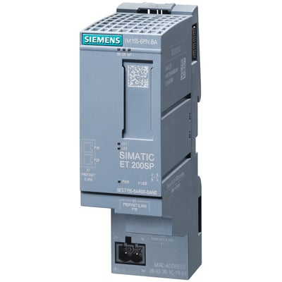 Siemens SIMATIC ET 200SP Profinet interface modul IM155-6PN basic med to RJ45 porte og mærkat med MAC adresse.