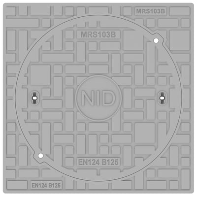 Oversigtsbillede af NID 600 mm karm/dæksel fra oven, viser den runde låseflade med NID logo og EN124 B125 mærkning.