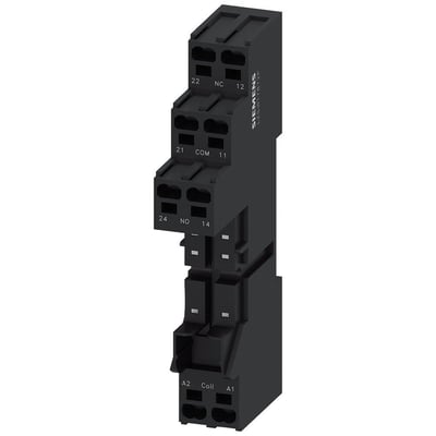 Siemens Relæsokkel RT7 med type nr. RT7872P, viser Push-In terminaler og markeringer som NC, COM, NO, Coil.