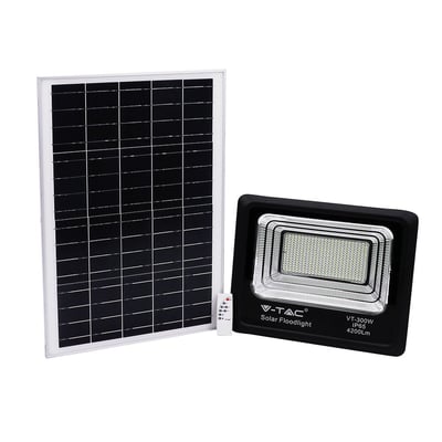 V-TAC 300W solpanel og 50W LED projektør med fjernbetjening på hvid baggrund.