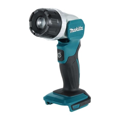 Makita 18V akku LED lampe uden batteri, viser lampehovedet med zoom-ring og ergonomisk greb.