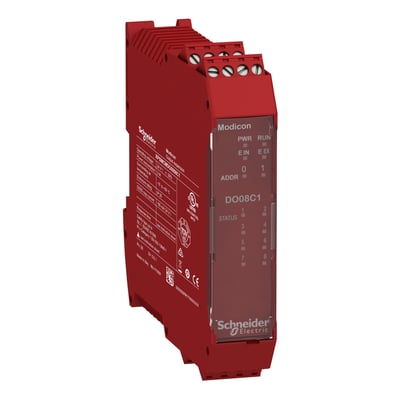 Schneider Electric Modicon XPSMCMC10804 sikkerhedskontroller med 8 status-outputs i rød plast, monteret på DIN-skinne.