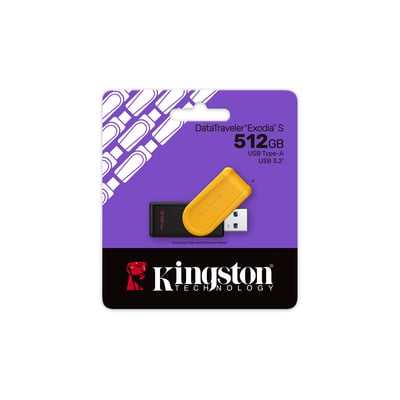 Emballagen til Kingston DT Exodia S USB-lagerenhed viser den sort-gule enhed med USB-stik og 512 GB kapacitet.