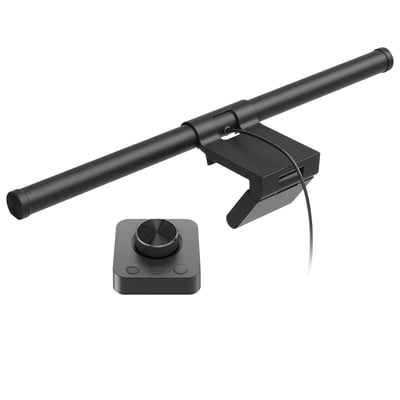 55cm skærmlys CCT lampe i sort aluminium med USB-kabel og trådløs fjernbetjening på hvid baggrund.