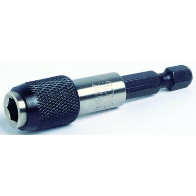 Ironside bitsholder med hurtigskift, 60 mm, set skråt med sort riflet greb, metalhylster og 1/4-tommers sekskantskaft.