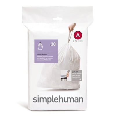 Emballage med 30 stk. hvide simplehuman specialtilpassede poser til affaldssystemer med 4,5 liters volumen og kode A.