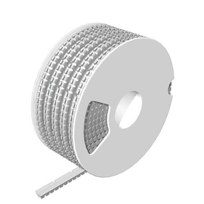 Hvid, umærket kabelopmærkning fra Weidmüller på en rulle, beregnet til ledere med en diameter på 2,5–4 mm.