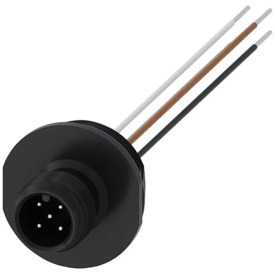 Siemens 5-polet M12 positionsstik med M20x1,5 gevind og tre farvede ledninger: hvid, brun og sort. Den sorte stikdel har synlige kontakter.