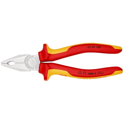 Knipex kombinationstang 0306-180 med isolerede greb, tæt på kæberne.