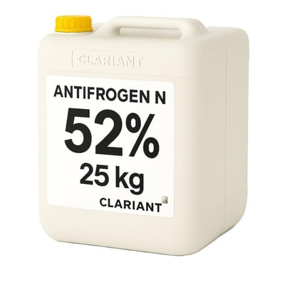 Glykol Antifrogen N fra Clariant i dunk med gul låg, mærket med 52 % koncentration og 25 kg.