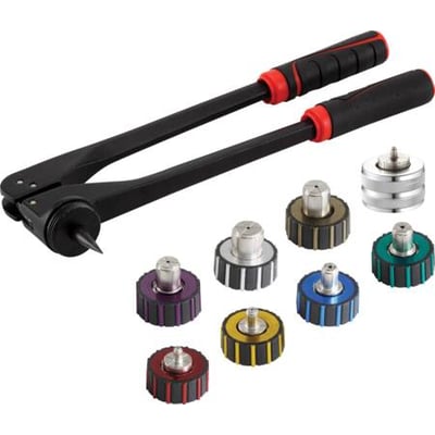 Black Diamond ekspanderværktøjssæt til 1/4"-1 1/8" kobberrør, vist med ekspanderhåndtag og flere farvekodede ekspanderhoveder.