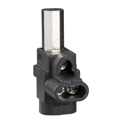Nærbillede af Schneider Electric multikabelklemme for 3x16mm2 kabler, der viser de sorte plasthuse og skrueterminaler.
