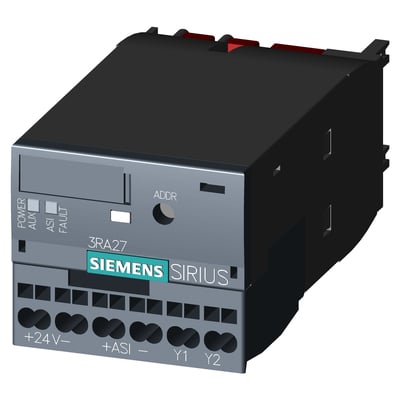 Siemens AS-i-funktionsmodul 3RA2712-2AA00 til direkte start, set skråt forfra med synlige klemmer og betjeningsfelter.
