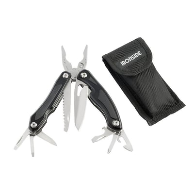Ironside-multitool med 10 funktioner og længde 157 mm, udfoldet med flere værktøjer og sort tekstilhylster.