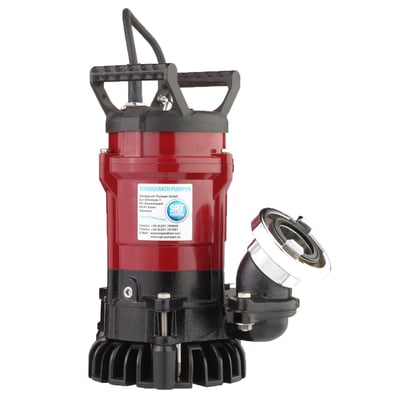 Kraftig 230V entreprenørpumpe med 750W motor, 350 l/min kapacitet og 2" Storz tilslutning, vist på hvid baggrund.