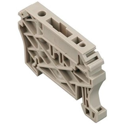 Tættere vinkel på Weidmüller endevinkel PA i mørk beige, viser monteringsdetaljer til TS 35 DIN-skinne.