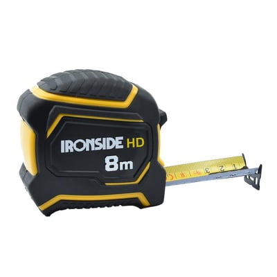 Ironside HD EC2-båndmål med sort-gult kabinet og udtrukket målebånd; huset er synligt mærket 8 m.