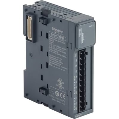 Schneider Electric TM3-modul med analoge indgange og udgange, model TM3AI2, med skrueklemmer for 24V forsyning og analoge signaler.