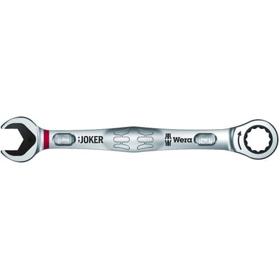 Detalje af Wera Joker 17mm ringskraldenøgle, der fremhæver den røde markering ved gaflen og indgraveringen af 17mm størrelsen.