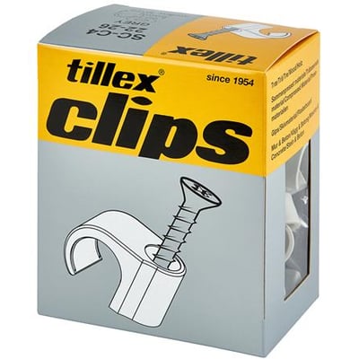 En kasse med Tillex Skrueclips SC-C4 til 22-26 mm rør, illustreret med en skrueclips på den gule forside.