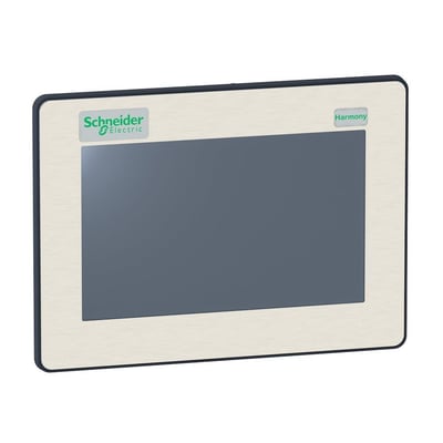 Schneider Electric HMIDT35X 7" touchskærm med Harmony-logo og lys beige ramme, designet til industrielle brug.