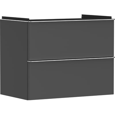 Hansgrohe Xelu Q vaskeskab i mat diamantgrå med to skuffer og integrerede greb, viser skabet fra siden.