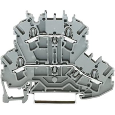 Nærbillede af Wago gennemgangsklemme, viser den interne konstruktion med fjedertilslutning for 2,5mm² ledere.