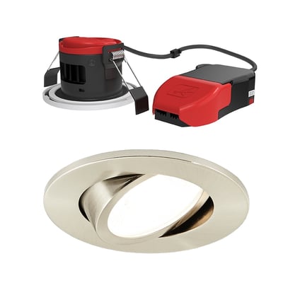 Ansell Lighting Prism Pro Kip DL 4xCCT, 5W/7W, en dæmpbar downlight i børstet stål med kip funktion og tilhørende driver.