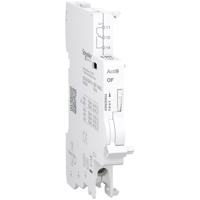 Schneider Electric Acti9 modulær signalkontakt, hvid, med testknap og tydelige mærkninger for tilslutning.