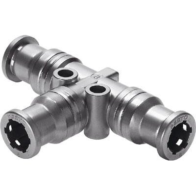 Festo T-forbindelse CRQST-12 i metal, med 8 mm nominel størrelse og push/pull princip for nem tilslutning.