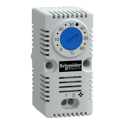 Nærbillede af Schneider Electric ClimaSys CC termostatens front med temperaturindikator i grader Celsius og produktlogo.