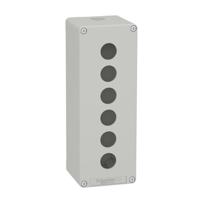 Frontvisning af Schneider Electric Harmony XAP trykknapkasse i grå metal, viser seks runde huller til trykknapper og Schneider Electric logo.