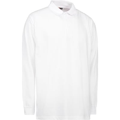 ID Identity poloshirt med lange ærmer i hvid, størrelse L, fremstillet af slidstærkt materiale.