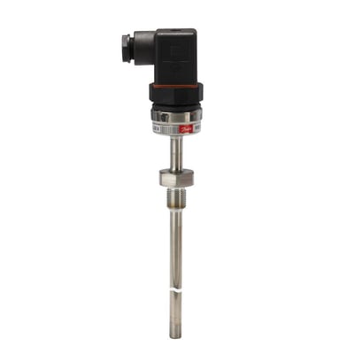 Danfoss MBT 3560 Temptran temperaturføler set forfra, med synlig 1/4" gevind og dataplade med 32V mærkning.