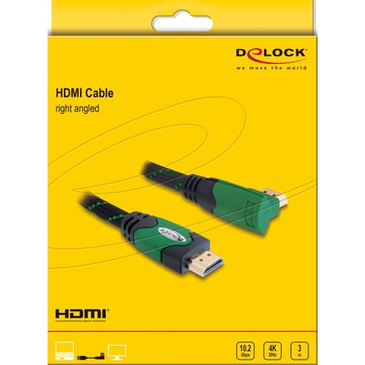 Emballage med DeLock HDMI-kabel på 3 meter, hvor det grønne og sorte kabel med vinklet HDMI-stik ses sammen med 4K-markering.