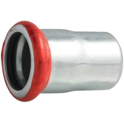 Unico forzinket slutmuffe til 22 mm press-rør, med synlig rød indikator for korrekt presning og sort EPDM O-ring.