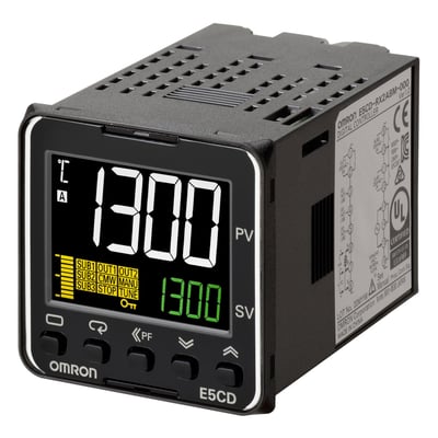 Omron E5CD-QX2DBM-001 digital temperaturregulator med stort display, der viser 1300 PV og 1300 SV.