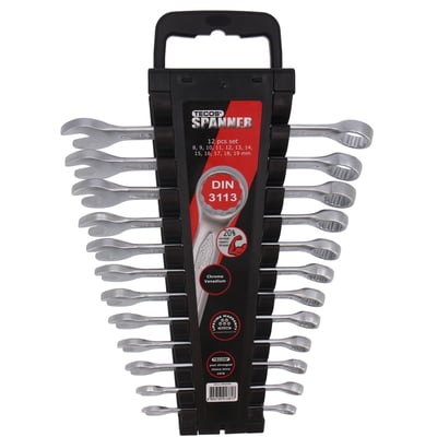 Tecos ringgaffelnøglesæt med 12 dele (8-19 mm) i Chrom Vanadium stål, præsenteret i en sort plastic holder med håndtag.