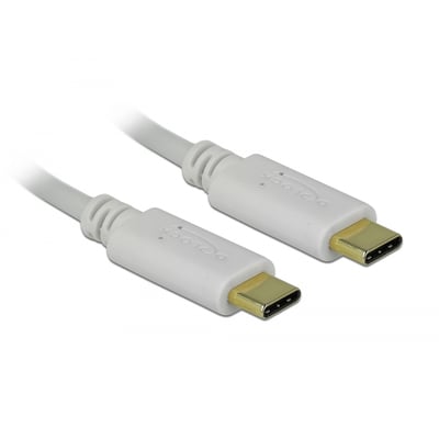 Hvidt DeLock USB Type-C-opladningskabel med USB-C-stik i begge ender, PD 100 W og E-Marker.