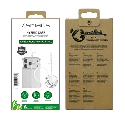 Emballagen til 4smarts Hybrid Case Ibiza viser det gennemsigtige cover til Apple iPhone 18 Pro og 17 Pro.