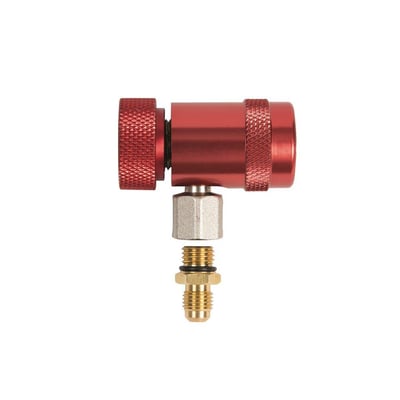 Rød Refco-autokobling til R1234yf med 1/4'' flare, vist med tilslutningsdelen adskilt under koblingen.