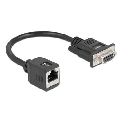 Sort DeLock seriel adapter til RS-232, RS-422 og RS-485 med DB9-hun og RJ45-bøsning på kort kabel.