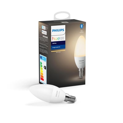 Philips Hue White E14 LED-kertepære ses sammen med sin emballage, der viser pæren med varmt hvidt lys.