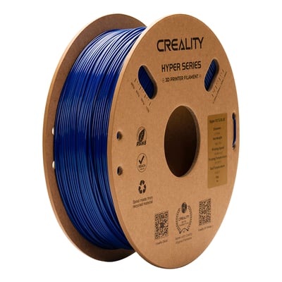 Blåt Hyper PETG-filament fra Creality på en brun spole, set skråt forfra; filamentet er 1,75 mm og sælges i 1 kg.