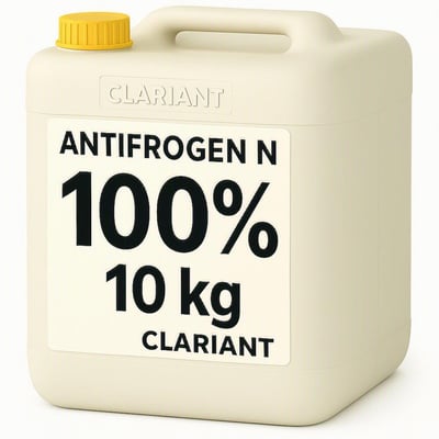 Antifrogen N glykol, 100 % koncentreret, i en lys dunk med gult låg og tydelig 10 kg-etiket.