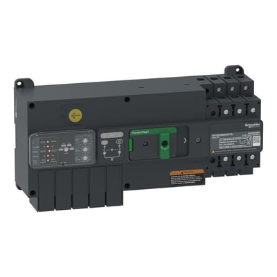 Schneider Electric TA10 omskifter i grå og sort med drejeskiver til lokal styring, 50A, 3-polet, med tydelig mærkning og terminaler.