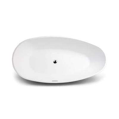 Fritstående badekar i mat hvid akryl, 1800x900 mm, set fra oven med krom bundventil og overløb.